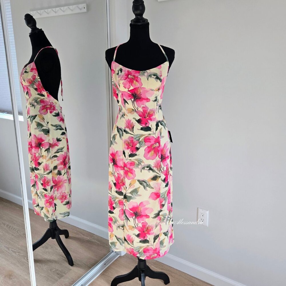 Lulu's Cream Midi Dress with Pink Floral Print